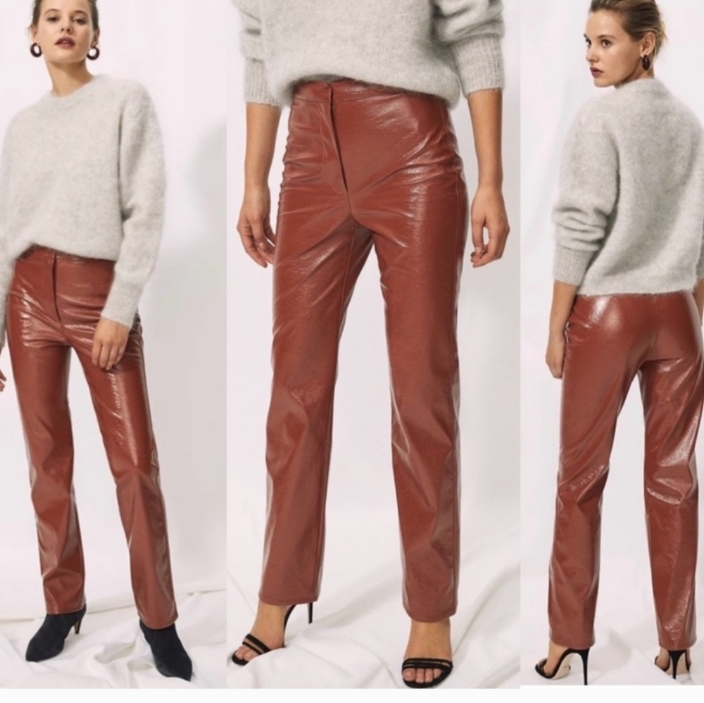 Aritzia Wilfred Tempest Pant High Rise Vinyl Pants Genuine Brown Waist 14"